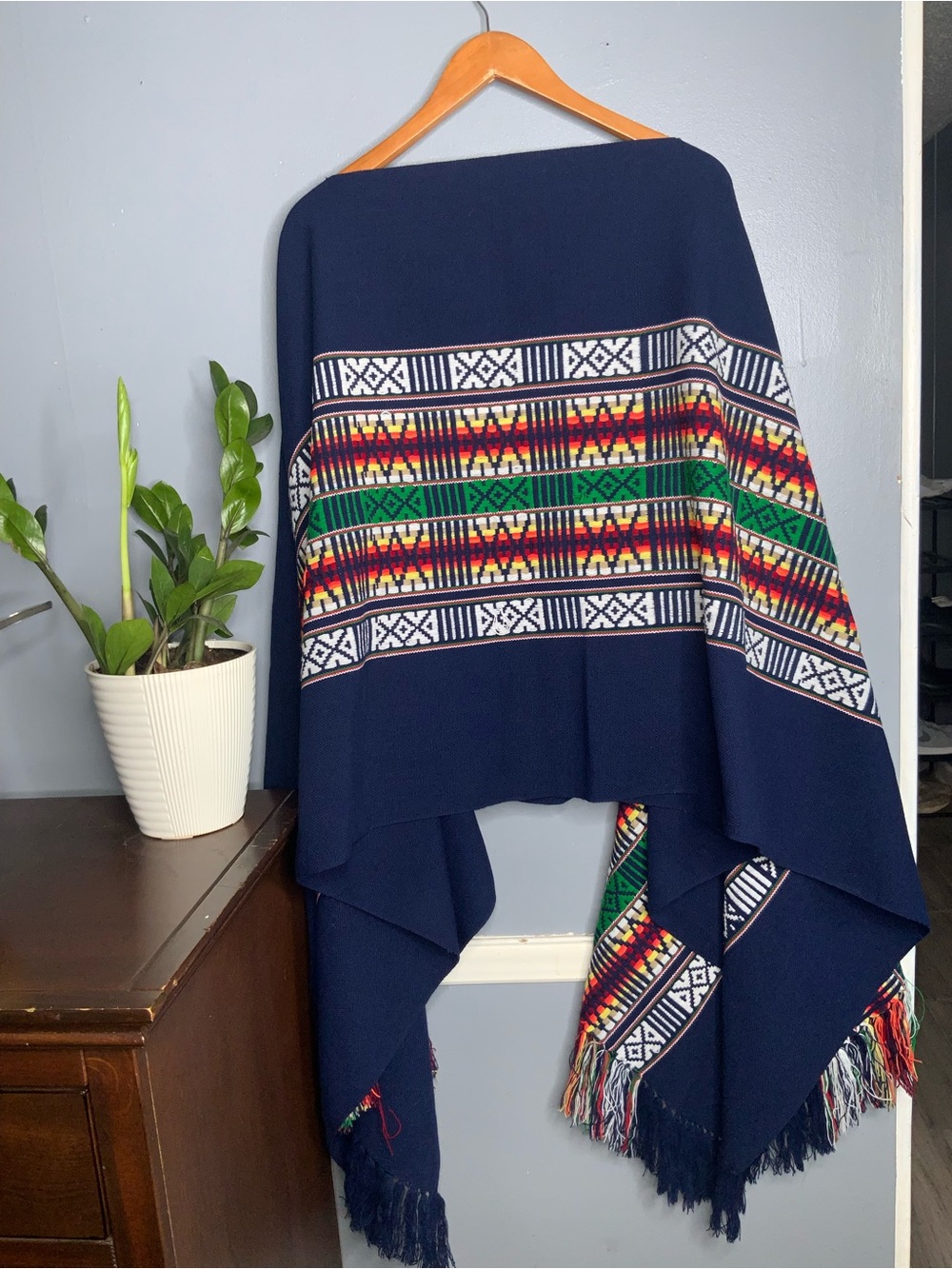 Navy Aztec-Pattern Fringe Poncho - Women's Accessory - Picture 11 of 11